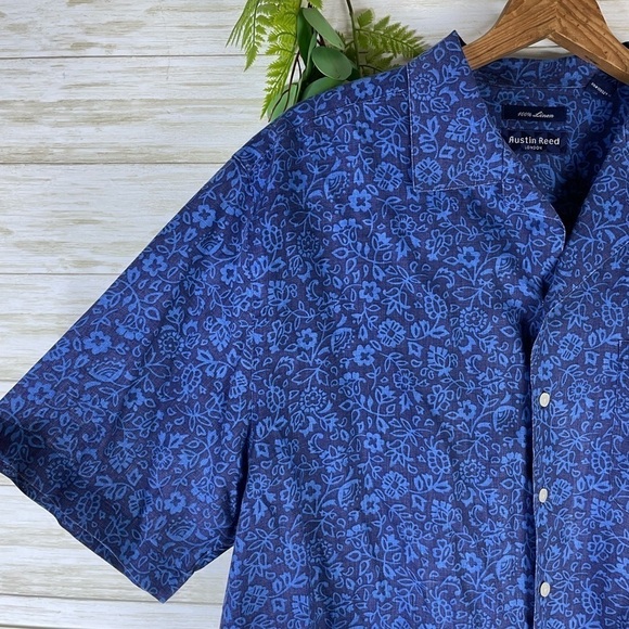 Men’s Austin Reed London 100% Linen Blue Floral Doodle Button Down - Picture 1 of 5